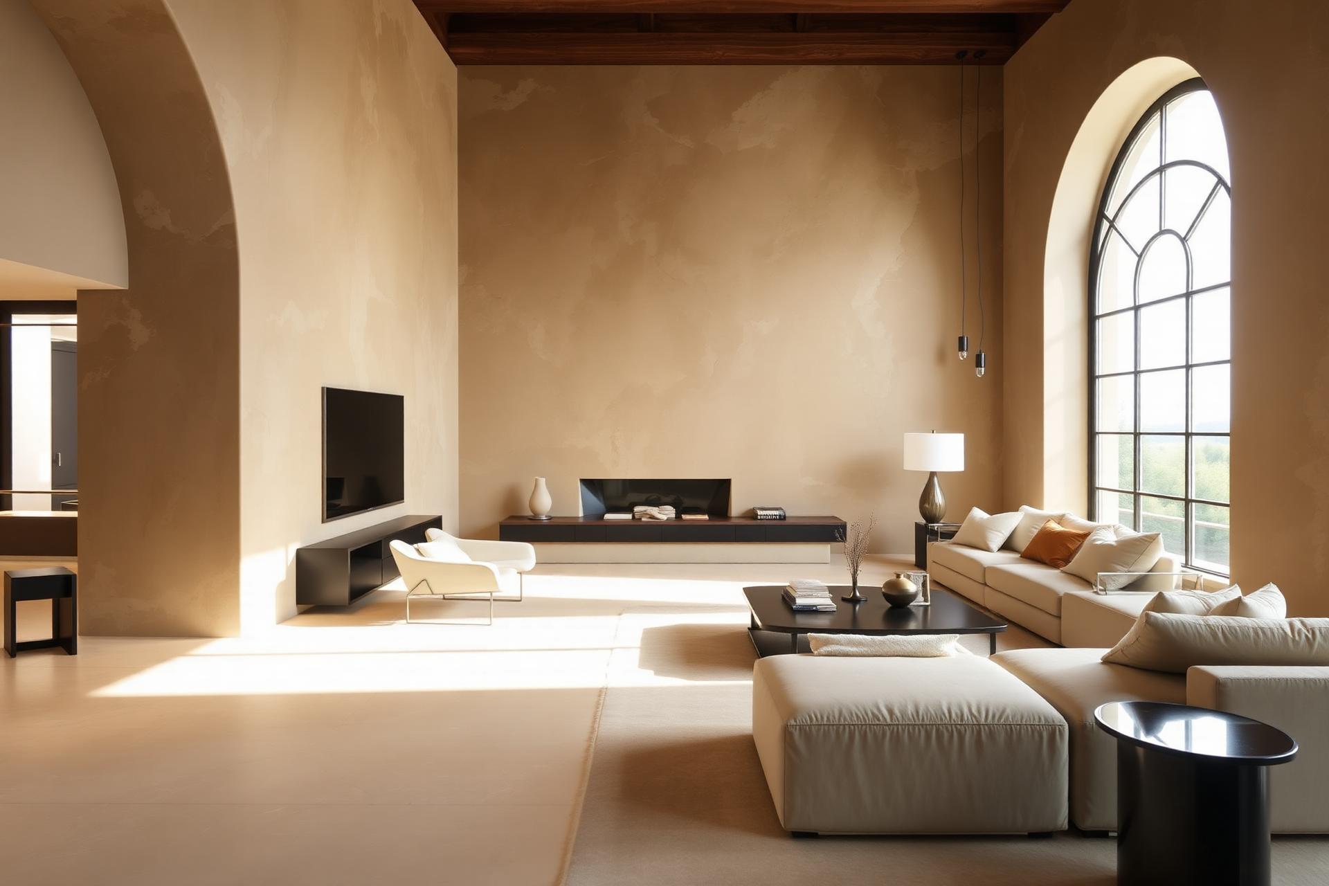 Warm Venetian plaster living room by Ornamentum